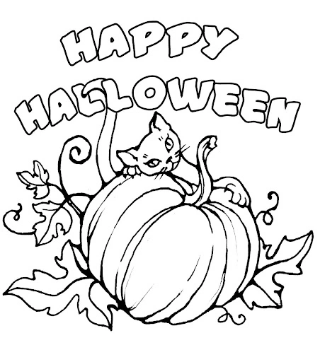 Coloring book kitty hugs pumpkins for Halloween
